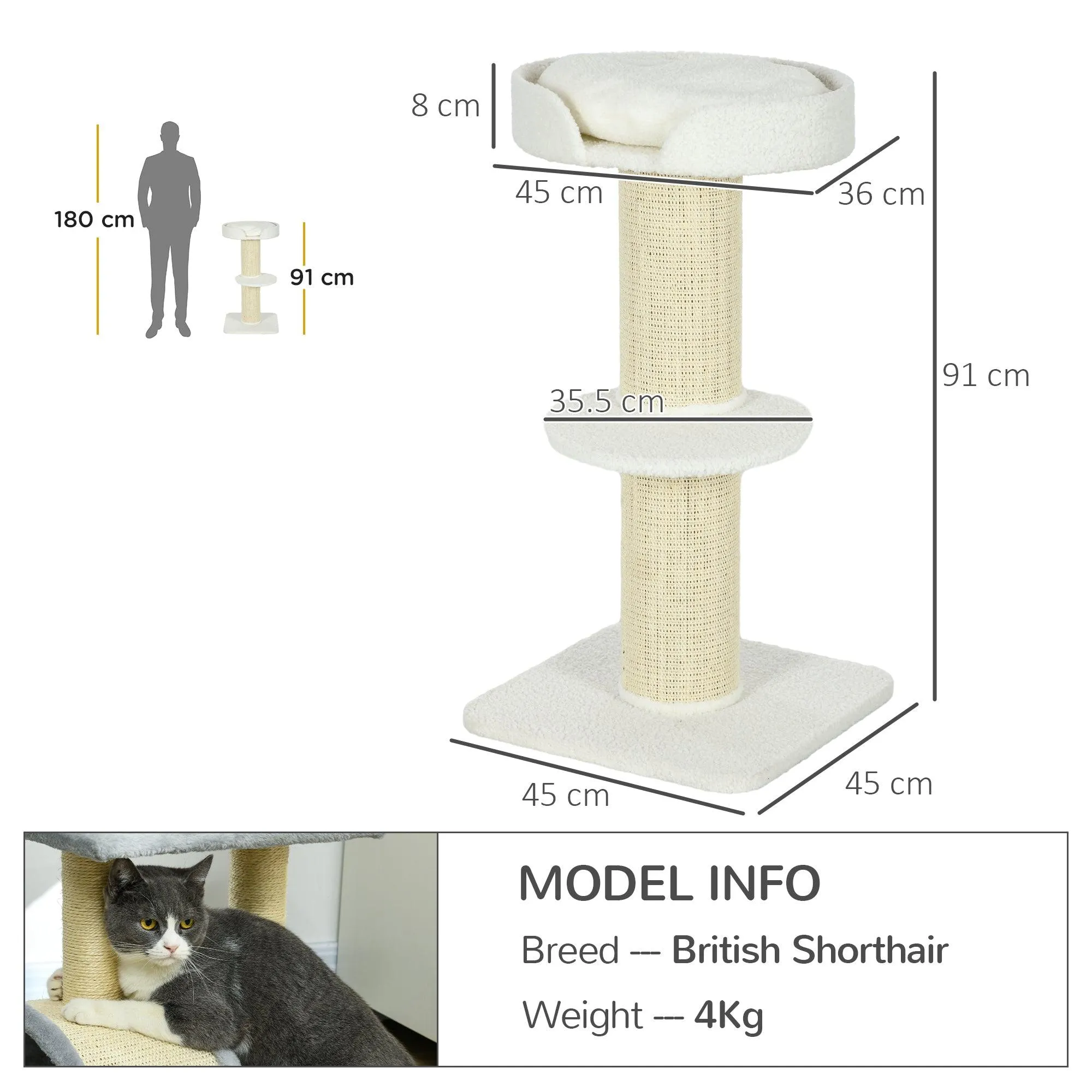 2-Tier Cat Tree with Sherpa Cushion, 91cm - Cream White