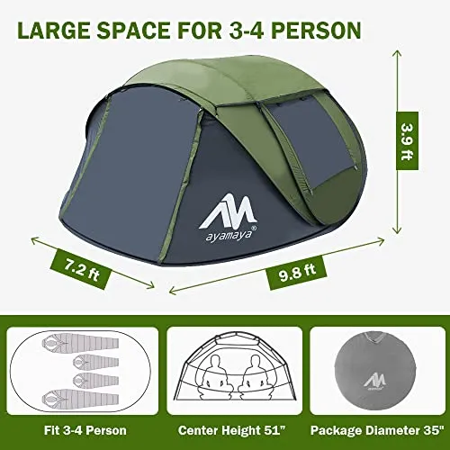 AYAMAYA Pop Up Tent 4 Person Tents for Camping with Skylight