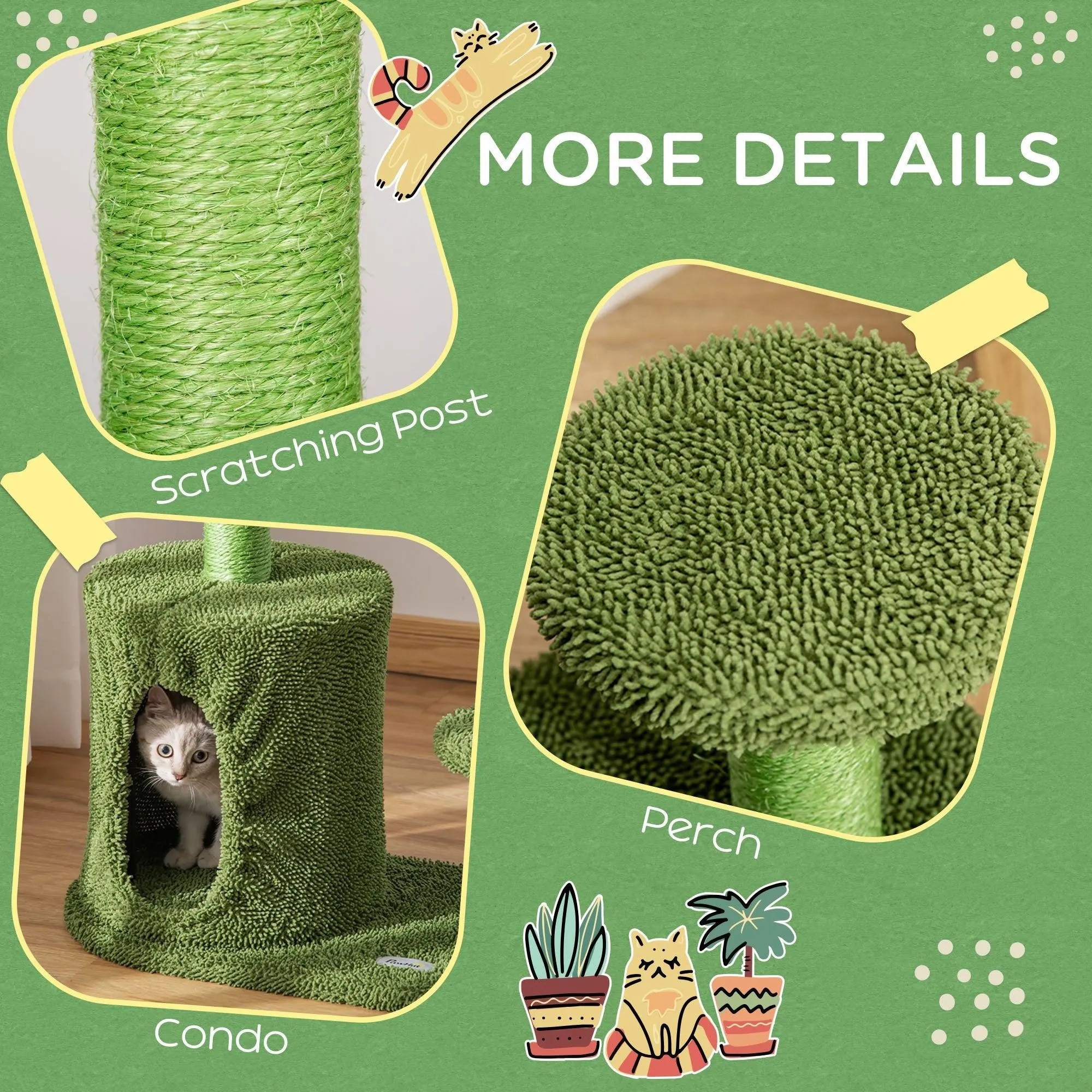 Cactus Cat Tree w/ Scratching Post, Condo, Toy, 78cm - Green