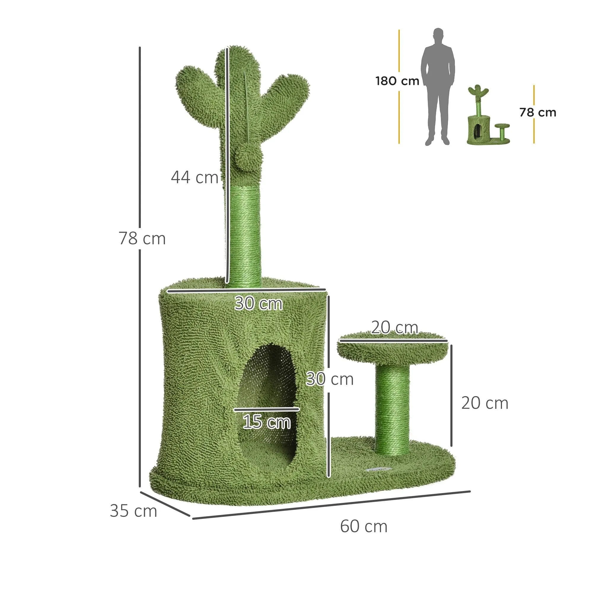 Cactus Cat Tree w/ Scratching Post, Condo, Toy, 78cm - Green
