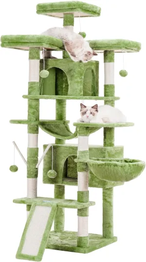 Hey-brother Cat Tree, 71 inches XL Large Cat Tower for Indoor Cats, Multi-Level Cat House with 3 Padded Perches, Big Scratcher, Cozy Basket, 2 Cat Condos and Scratching Posts, Green MPJ034GR
