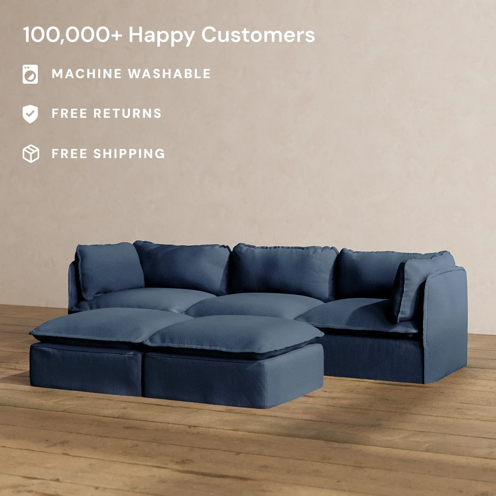 Modular Washable 3-Seater   Bench Ottoman in Sumi | Deluxe  Seat | Cloud Pillow