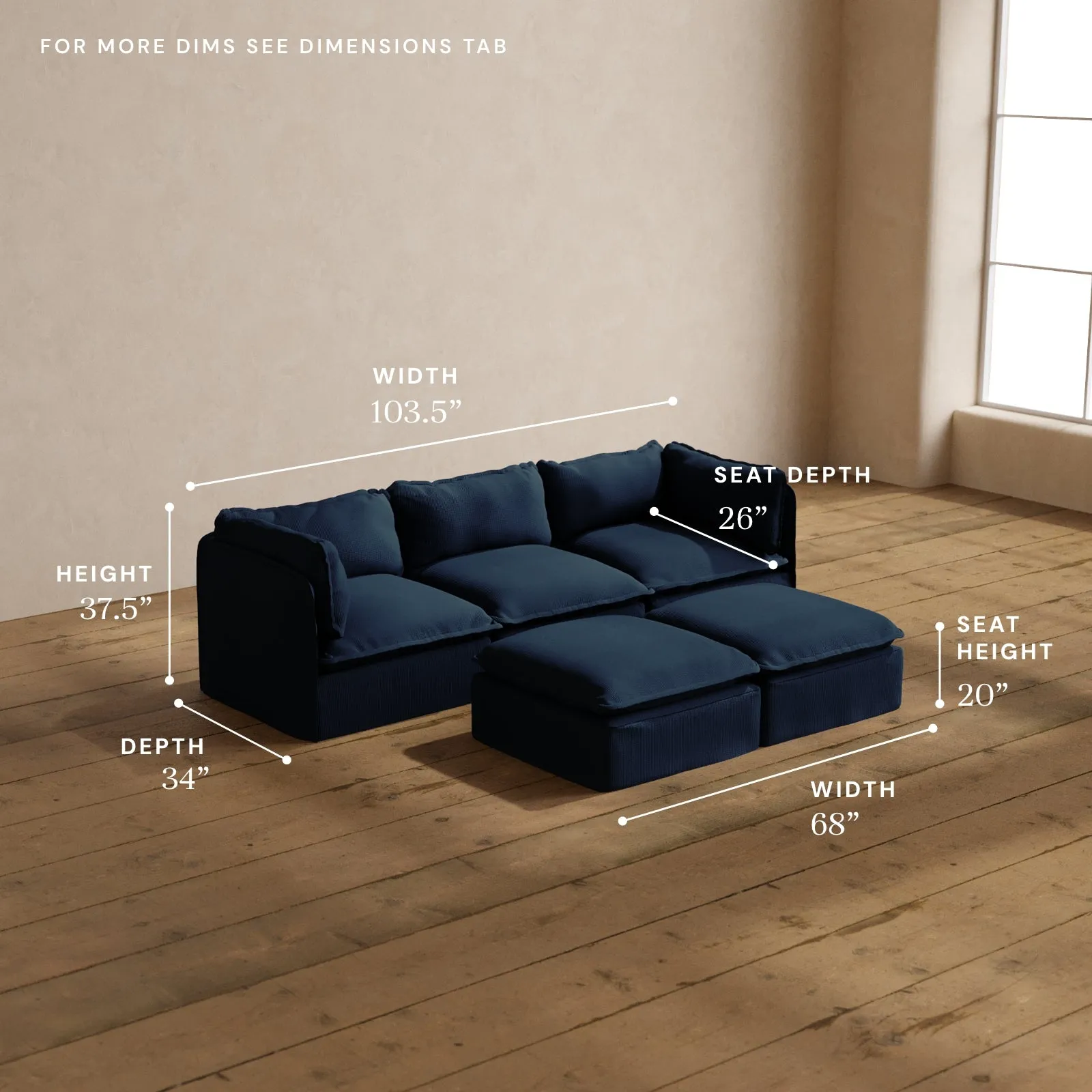 Modular Washable 3-Seater   Bench Ottoman in Sumi | Deluxe  Seat | Cloud Pillow