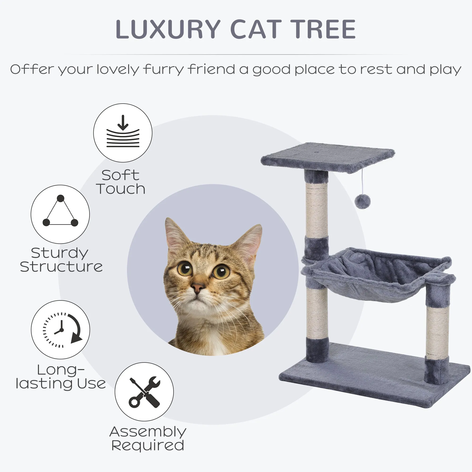 PawHut Cat Activity Tree Kitten Play Tower Palace Two-Tier Scratching Grey