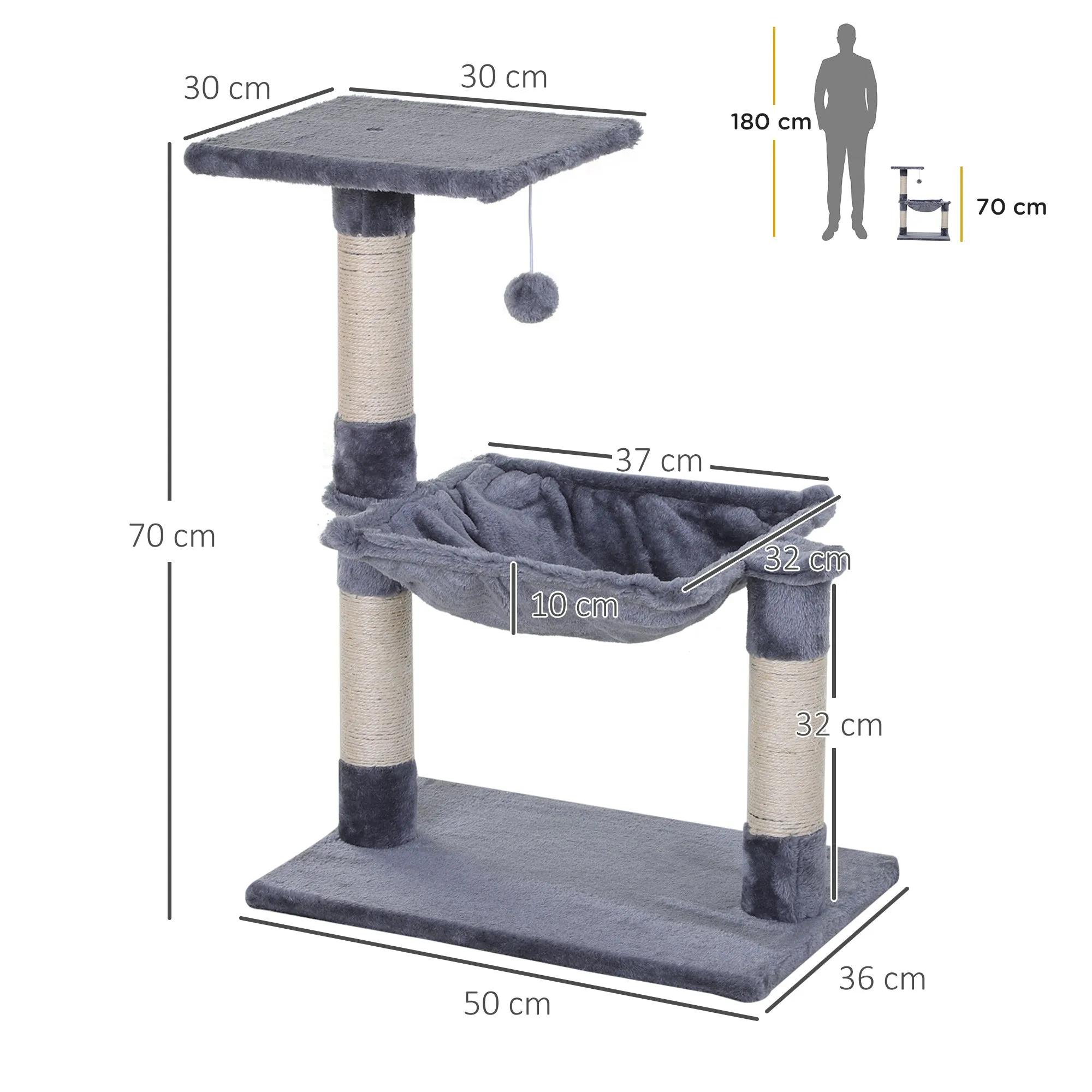 PawHut Cat Activity Tree Kitten Play Tower Palace Two-Tier Scratching Grey