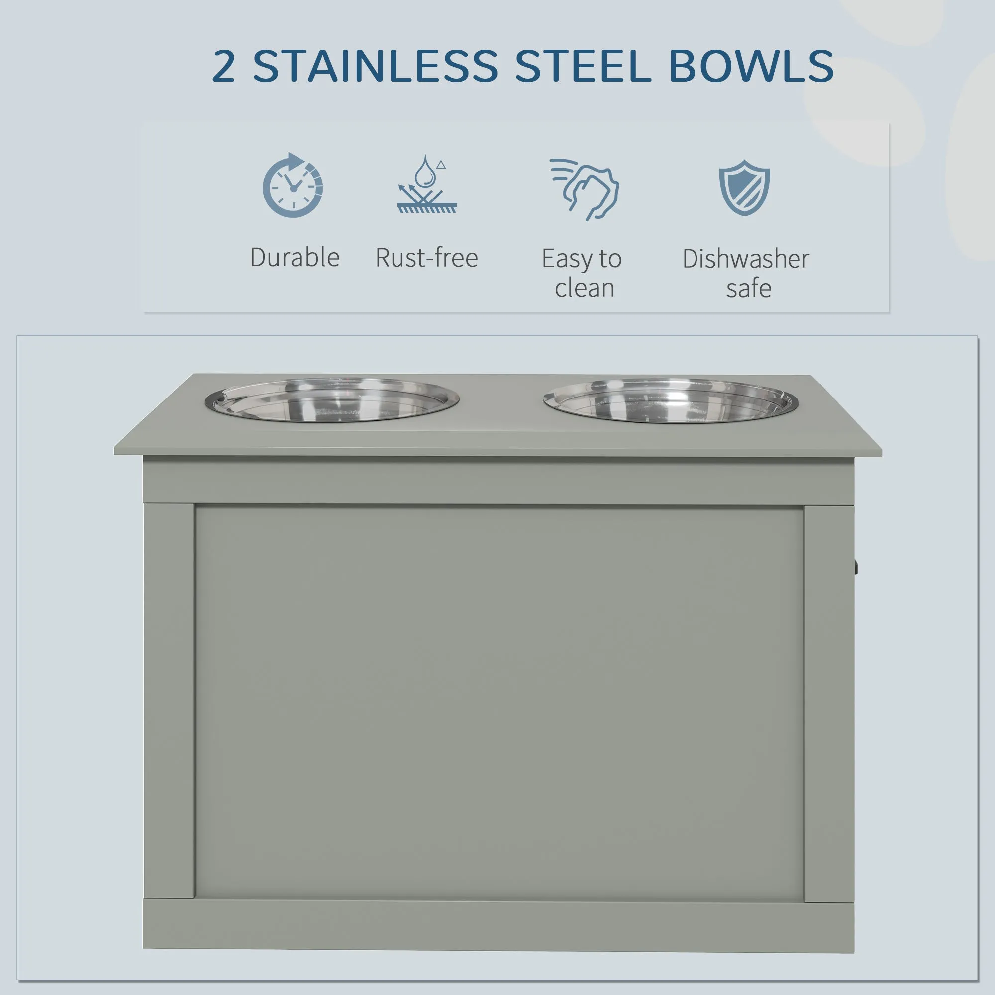 PawHut Raised Pet Bowls w/ Storage, Two Stainless Bowls, Elevated Base - Grey