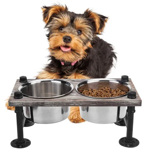 Torched Wood and Industrial Style Pipe Dog Feeder with Stand