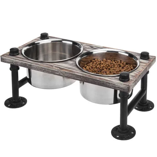 Torched Wood and Industrial Style Pipe Dog Feeder with Stand