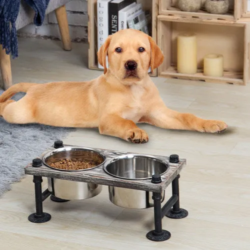 Torched Wood and Industrial Style Pipe Dog Feeder with Stand