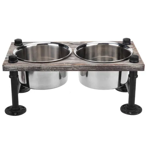 Torched Wood and Industrial Style Pipe Dog Feeder with Stand